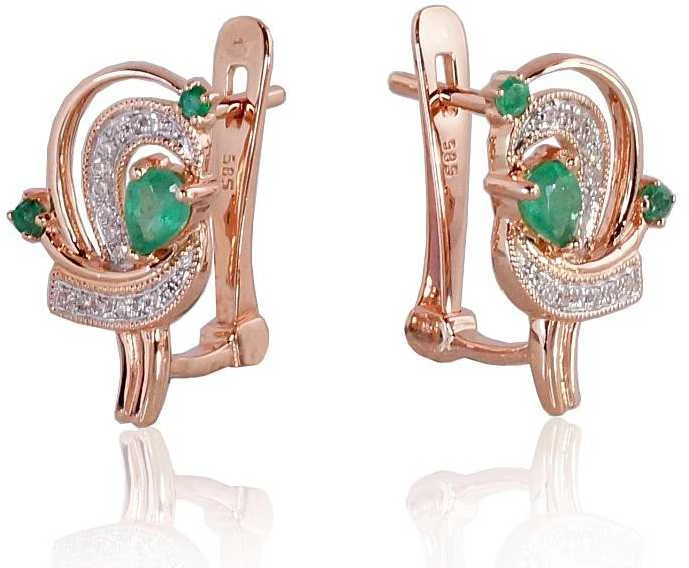 Auksiniai auskarai anglišku užsegimu, Raudonas Auksas, Briliantai , Smaragdas - 3.43 g. - 16 mm. - Briliantai (0,081Ct), Smaragdas (0,319Ct)