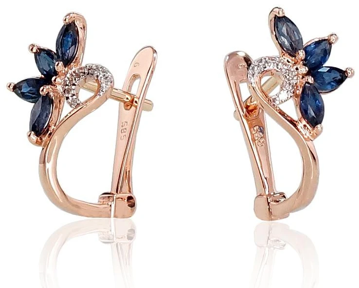 Auksiniai auskarai anglišku užsegimu, Raudonas Auksas, Briliantai , Safyras - 1.96 g. - 15 mm. - Briliantai (0,028Ct), Safyras (0,868Ct)