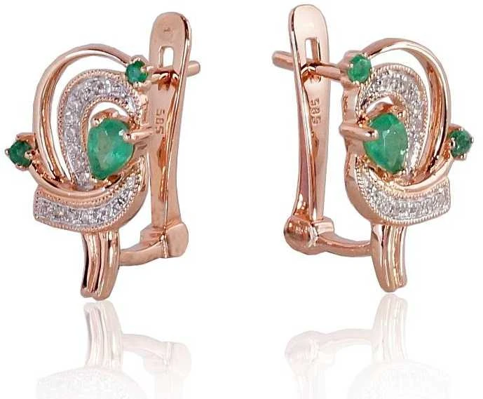Auksiniai auskarai anglišku užsegimu, Raudonas Auksas, Briliantai , Smaragdas - 3.43 g. - 16 mm. - Briliantai (0,081Ct), Smaragdas (0,319Ct)