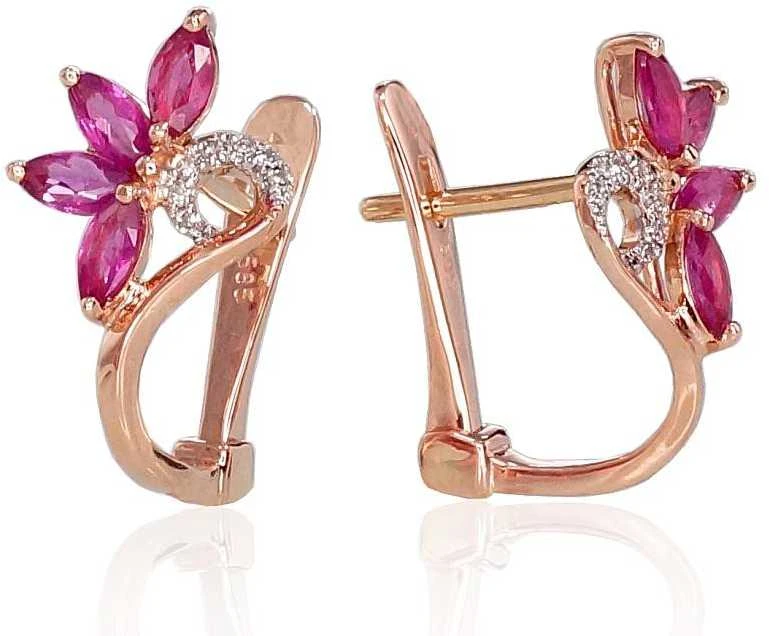 Auksiniai auskarai anglišku užsegimu, Raudonas Auksas, Briliantai , Rubinas - 2.01 g. - 15 mm. - Briliantai (0,028Ct), Rubinas (0,847Ct)