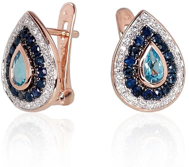 Auksiniai auskarai anglišku užsegimu, Raudonas Auksas, Briliantai , Safyras,Briliantai , Safyras , Mėlynas topazas - 3.79 g. - 14 mm. - Briliantai (0,14Ct), Safyras (0,45Ct), Mėlynas topazas