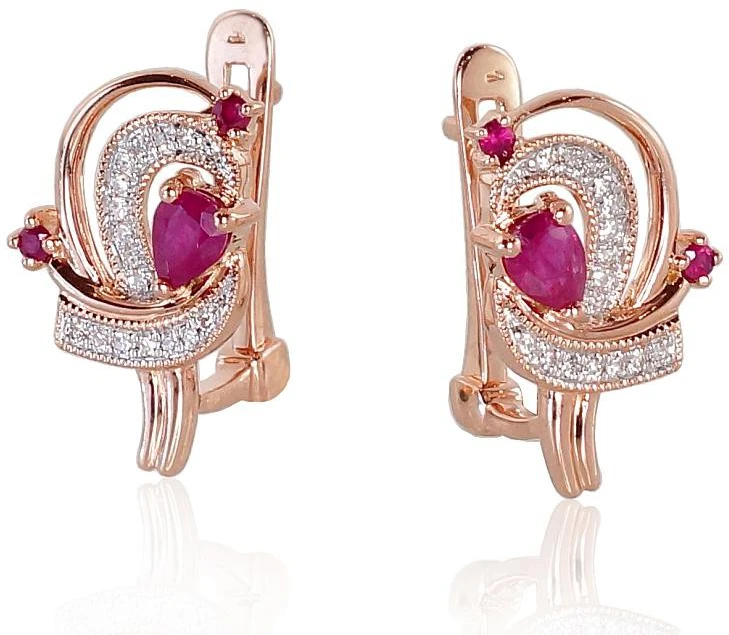 Auksiniai auskarai anglišku užsegimu, Raudonas Auksas, Briliantai , Rubinas - 3.24 g. - 16 mm. - Briliantai (0,082Ct), Rubinas (0,452Ct)