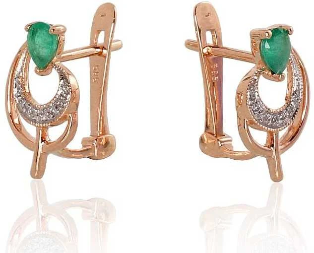 Auksiniai auskarai anglišku užsegimu, Raudonas Auksas, Briliantai , Smaragdas - 14 mm. - 2.13 g. - Briliantai (0,038Ct), Smaragdas (0,245Ct)