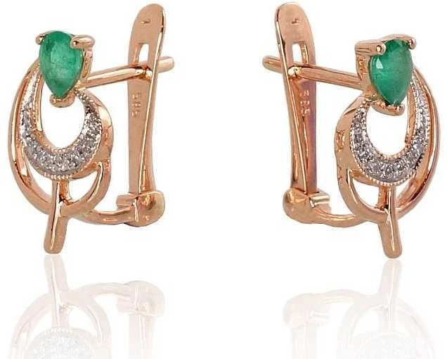 Auksiniai auskarai anglišku užsegimu, Raudonas Auksas, Briliantai , Smaragdas - 14 mm. - 2.13 g. - Briliantai (0,038Ct), Smaragdas (0,245Ct)