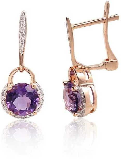 Auksiniai auskarai ant cilindrinės spynos - 20 mm. - 2.48 g. - Briliantai (0,11Ct), Ametistas