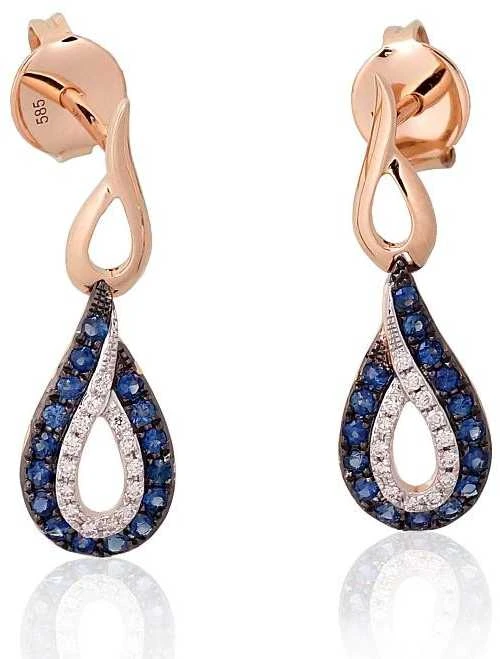 Auksiniai auskarai –pusetai - 2.17 g. - 22 mm. - Briliantai (0,077Ct), Safyras (0,352Ct)