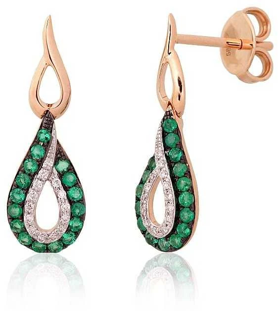 Auksiniai auskarai –pusetai - 2.24 g. - 22 mm. - Briliantai (0,08Ct), Smaragdas (0,275Ct)