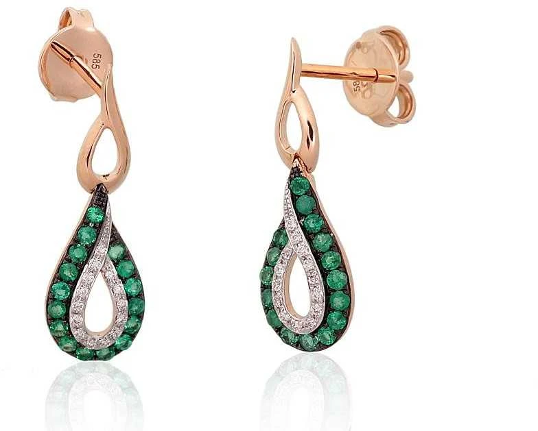 Auksiniai auskarai –pusetai - 2.24 g. - 22 mm. - Briliantai (0,08Ct), Smaragdas (0,275Ct)
