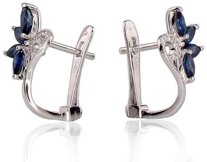 Auksiniai auskarai su brangakmeniais. . Praba: 585°. Akmuo: Briliantai , Safyras - 1.99 g. - 15 mm. - Briliantai (0,03Ct), Safyras (0,794Ct)