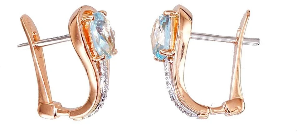 Auksiniai auskarai su brangakmeniais. Metalas: Raudonas Auksas. Praba: 585°. Akmuo: Briliantai , Mėlynas topazas - 2.82 g. - 14 mm. - Briliantai (0,034Ct), Mėlynas topazas