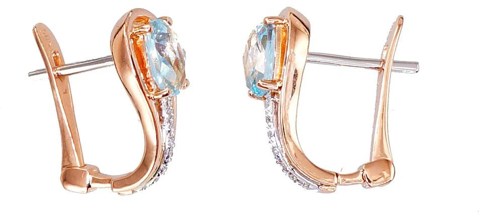 Auksiniai auskarai su brangakmeniais. Metalas: Raudonas Auksas. Praba: 585°. Akmuo: Briliantai , Mėlynas topazas - 2.82 g. - 14 mm. - Briliantai (0,034Ct), Mėlynas topazas