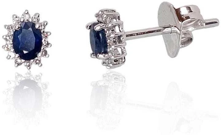 Auksiniai auskarai su brangakmeniais. Metalas: Baltas Auksas. Praba: 585°. Akmuo: Briliantai , Safyras - 1.42 g. - 8 mm. - Briliantai (0,078Ct), Safyras (0,428Ct)