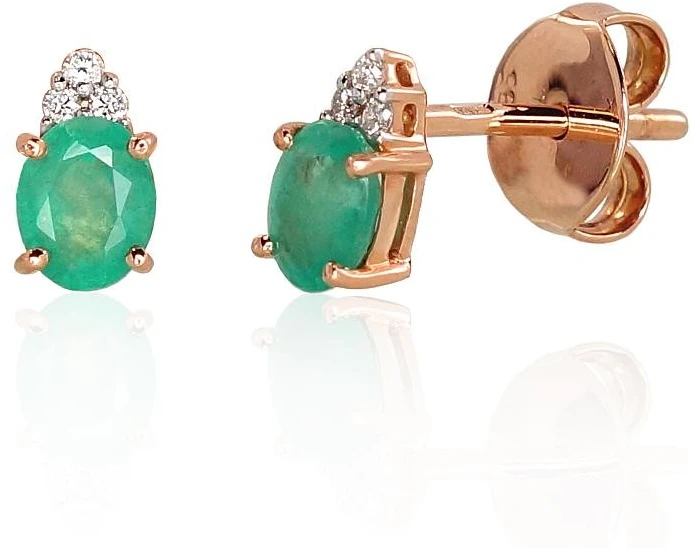 Auksiniai auskarai su brangakmeniais. Metalas: Raudonas Auksas. Praba: 585°. Akmuo: Briliantai , Smaragdas - 1.27 g. - 7 mm. - Briliantai (0,043Ct), Smaragdas (0,573Ct)