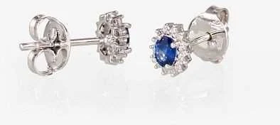Auksiniai auskarai su brangakmeniais. Metalas: Baltas Auksas. Praba: 585°. Akmuo: Briliantai , Safyras - 1.42 g. - 8 mm. - Briliantai (0,078Ct), Safyras (0,428Ct)