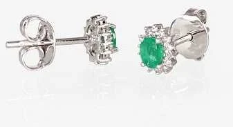 Auksiniai auskarai vinukai, Baltas Auksas, Briliantai , Smaragdas - 1.48 g. - 8 mm. - Briliantai (0,077Ct), Smaragdas (0,338Ct)