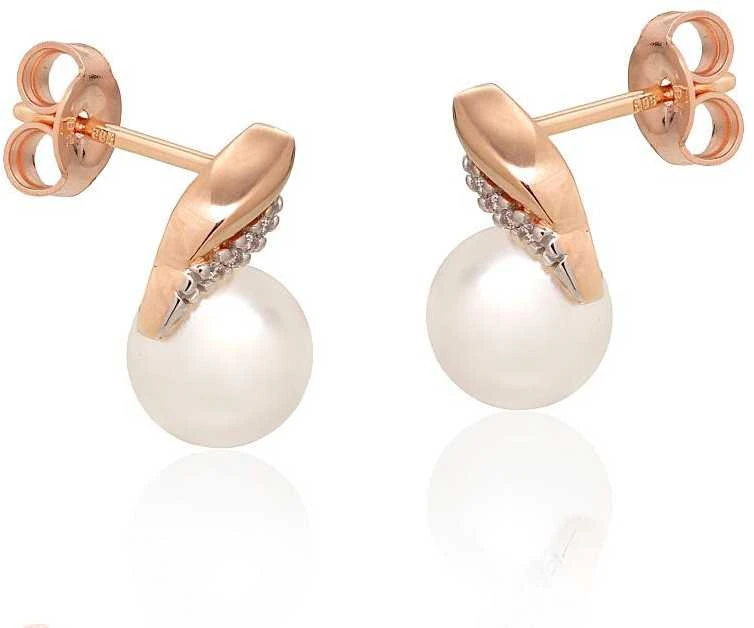 Auksiniai auskarai vinukai, Raudonas Auksas, Briliantai , Perlai - 2.38 g. - 13 mm. - Briliantai (0,03Ct), Perlai