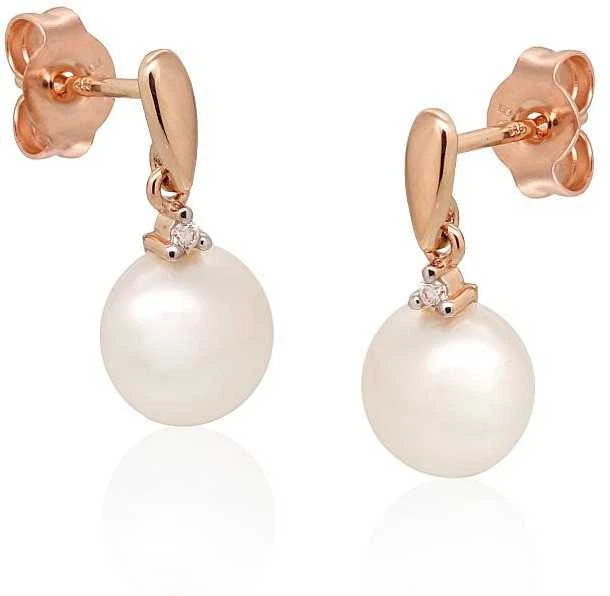 Auksiniai auskarai vinukai, Raudonas Auksas, Briliantai , Perlai - 2.4 g. - 17 mm. - Briliantai (0,02Ct), Perlai