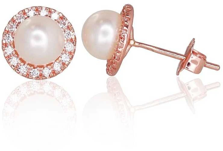 Auksiniai auskarai vinukai, Raudonas Auksas, Cirkonai , Perlai - 1.08 g. - 7 mm.