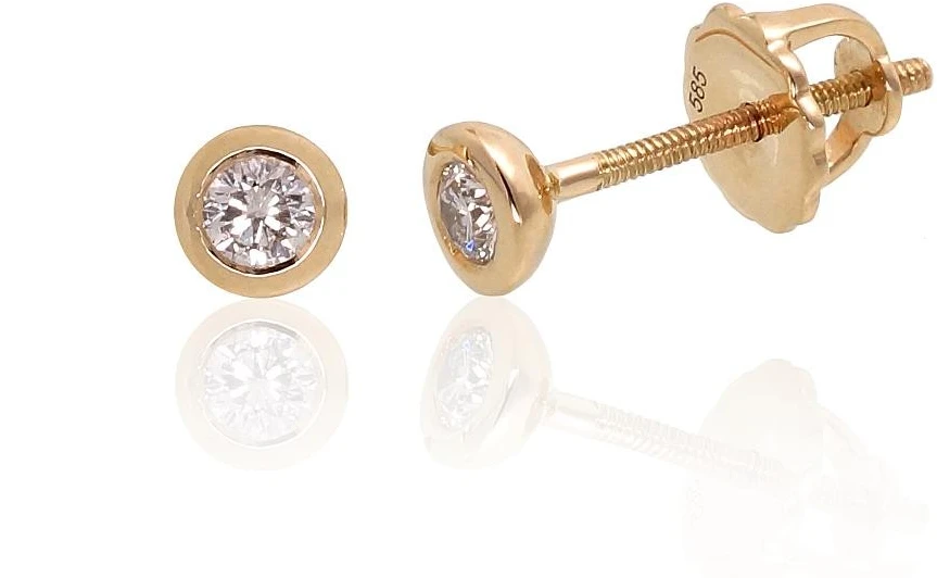 Auksiniai auskarai vinukai, užsukami, Geltonas Auksas, Briliantai - 1.18 g. - 4 mm. - Briliantai (0,142Ct)