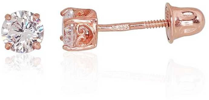 Auksiniai auskarai vinukai, užsukami, Raudonas Auksas, Cirkonai - 0.48 g. - 4 mm.