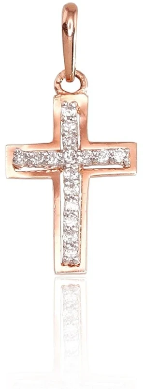 Auksinis pakabukas kryželis. Metalas: Raudonas/Baltas Auksas. Praba: 585°. Akmuo: Cirkonai - 0.37 g. - 19 mm.