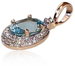 Auksinis pakabukas su brangakmeniais. Metalas: Raudonas Auksas. Praba: 585°. Akmuo: Briliantai , Mėlynas topazas - 0.98 g. - 17 mm. - Briliantai (0,096Ct), Mėlynas topazas