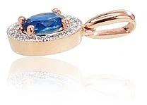 Auksinis pakabukas su brangakmeniais. Metalas: Raudonas Auksas. Praba: 585°. Akmuo: Briliantai , Safyras - 0.73 g. - 15 mm. - Briliantai (0,04Ct), Safyras (0,337Ct)