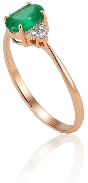 Auksinis žiedas su brangakmeniais. Metalas: Raudonas Auksas. Praba: 585°. Akmuo: Briliantai , Smaragdas - 16.5 - 1.1 g. - Briliantai (0,04Ct), Smaragdas (0,348Ct)