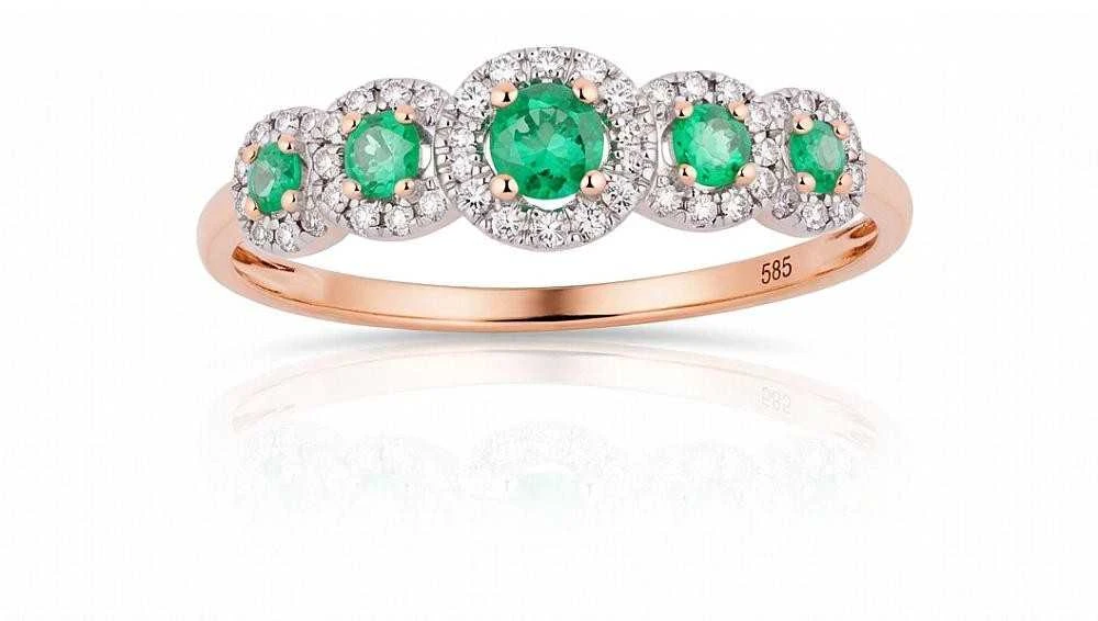 Auksinis žiedas su brangakmeniais. Metalas: Raudonas Auksas. Praba: 585°. Akmuo: Briliantai , Smaragdas - 16.5 - 1.19 g. - Briliantai (0,103Ct), Smaragdas (0,246Ct)
