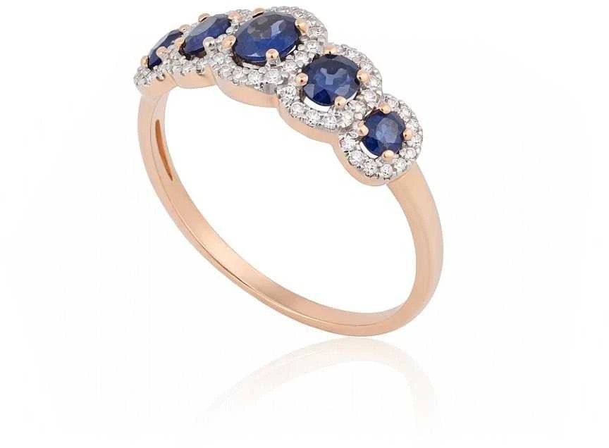 Auksinis žiedas su brangakmeniais. Metalas: Raudonas Auksas. Praba: 585°. Akmuo: Briliantai , Safyras - 18 - 1.8 g. - Briliantai (0,124Ct), Safyras (0,717Ct)