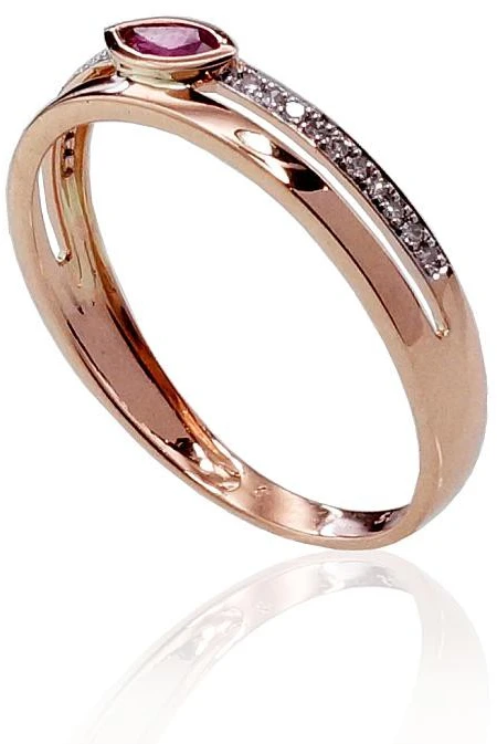 Auksinis žiedas su brangakmeniais. Metalas: Raudonas Auksas. Praba: 585°. Akmuo: Briliantai , Rubinas - 18 - 1.68 g. - Briliantai (0,056Ct), Rubinas (0,183Ct)