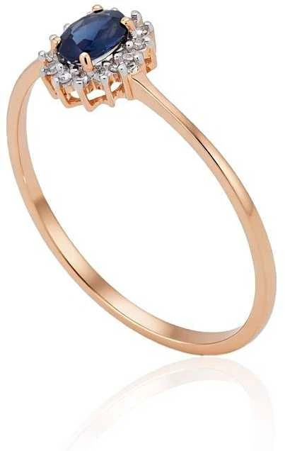 Auksinis žiedas su brangakmeniais. Metalas: Raudonas Auksas. Praba: 585°. Akmuo: Briliantai , Safyras - 16 - 0.79 g. - Briliantai (0,036Ct), Safyras (0,199Ct)