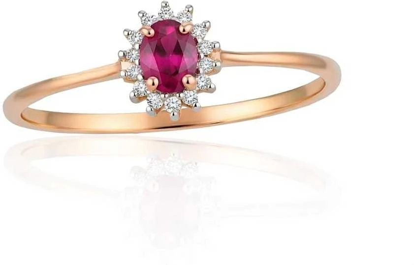 Auksinis žiedas su brangakmeniais. Metalas: Raudonas Auksas. Praba: 585°. Akmuo: Briliantai , Rubinas - 16.5 - 0.9 g. - Briliantai (0,04Ct), Rubinas (0,234Ct)