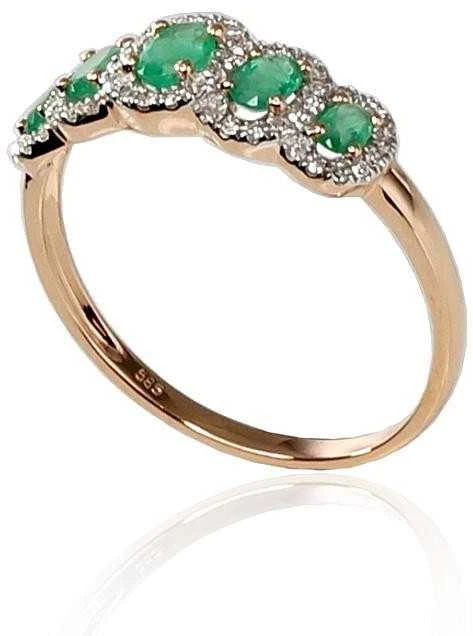 Auksinis žiedas su brangakmeniais. Metalas: Raudonas Auksas. Praba: 585°. Akmuo: Briliantai , Smaragdas - 19 - 1.82 g. - Briliantai (0,132Ct), Smaragdas (0,496Ct)