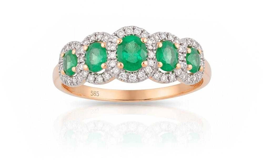 Auksinis žiedas su brangakmeniais. Metalas: Raudonas Auksas. Praba: 585°. Akmuo: Briliantai , Smaragdas - 19 - 1.82 g. - Briliantai (0,132Ct), Smaragdas (0,496Ct)