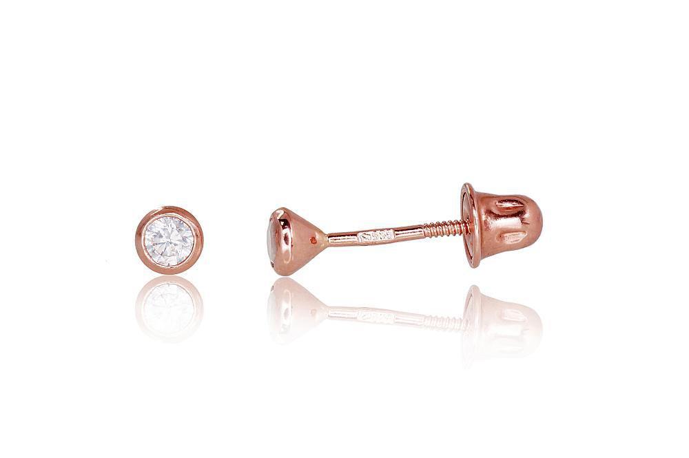Auksiniai auskarai vinukai, užsukami, Raudonas Auksas, Cirkonai - 3 mm. - 0.3 g.