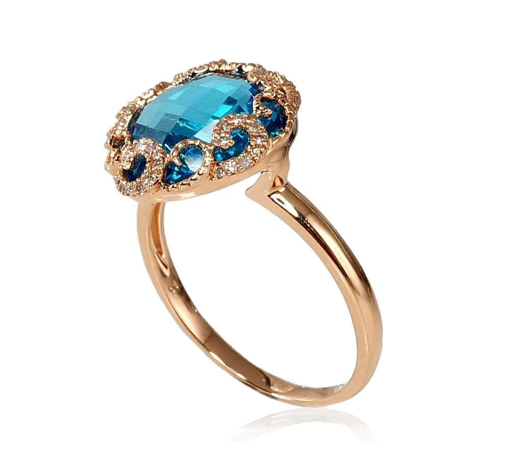 Auksinis žiedas su brangakmeniais. Metalas: Raudonas Auksas. Praba: 585°. Akmuo: Briliantai , Mėlynas topazas - 17 - 3.35 g. - Briliantai (0,112Ct), Mėlynas topazas