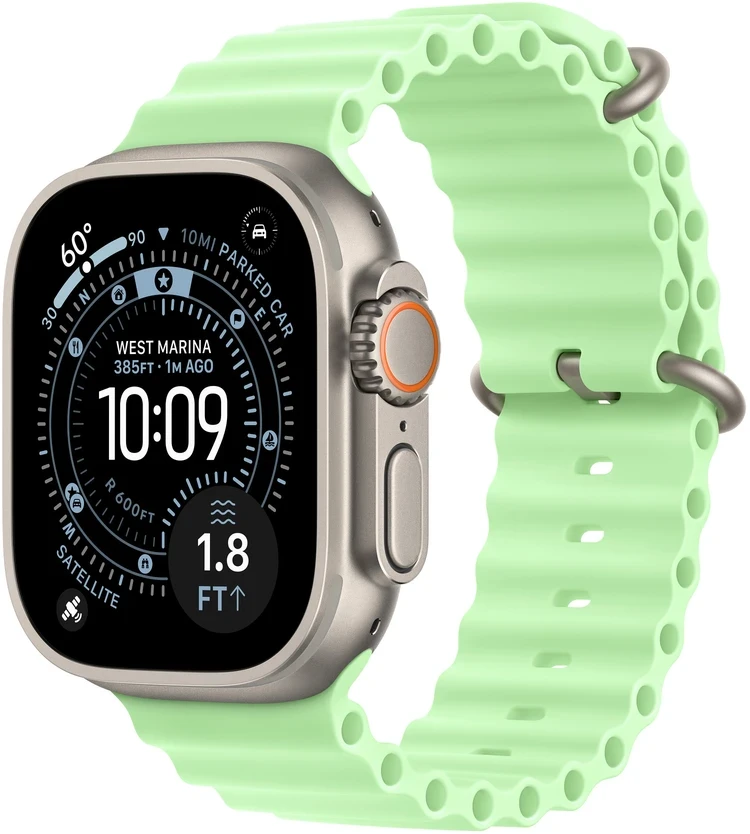 Apple Watch 49mm Neon Green Ocean Band - Natural Titanium Finish - MGCF4ZM/A
