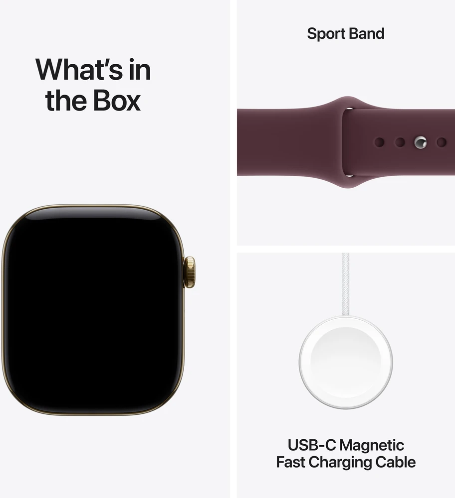 Apple Watch Series 12 GPS + Cellular 42mm Radiant Gold Titanium Case with Burgundy Sport Band - S/M - MJGJ4ET/A