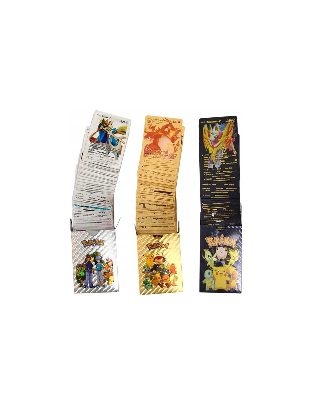 Magy Pokemon kortos 165 vnt. kolekcija Charizard Vmax juodos auksinės ir sidabrinė spalvos pakuotės po 55 vnt. albumas 240 kortoms