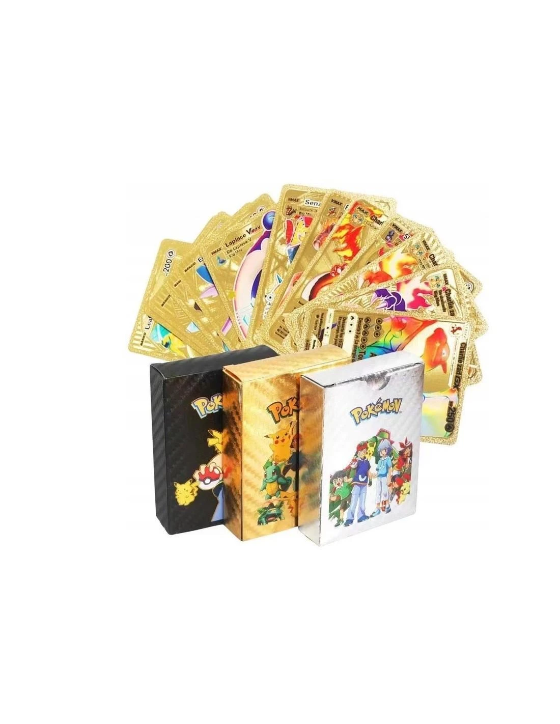 Magy Pokemon kortos 165 vnt. kolekcija Charizard Vmax juodos auksinės ir sidabrinė spalvos pakuotės po 55 vnt. albumas 240 kortoms