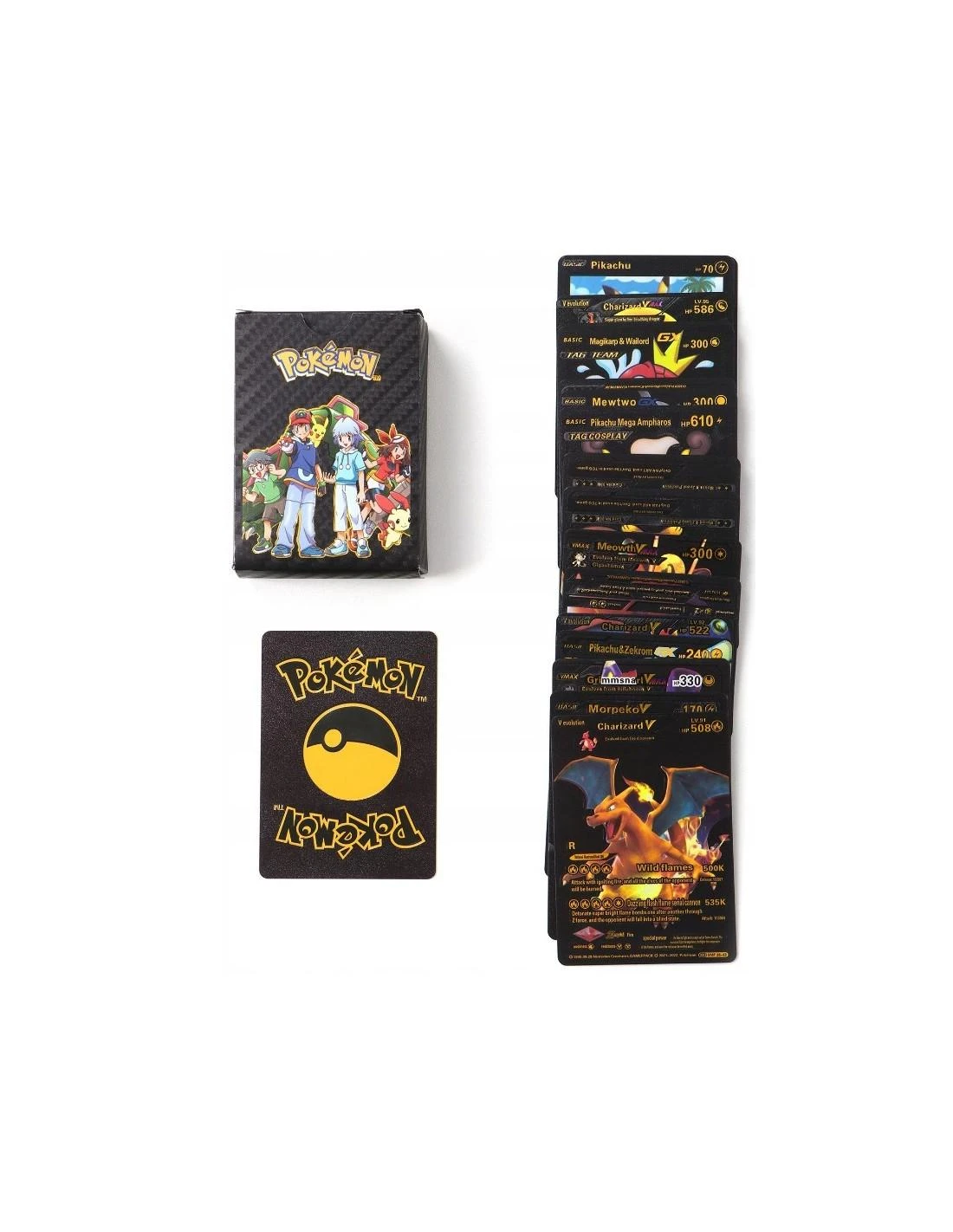 Magy Pokemon kortos 165 vnt. kolekcija Charizard Vmax juodos auksinės ir sidabrinė spalvos pakuotės po 55 vnt. albumas 240 kortoms