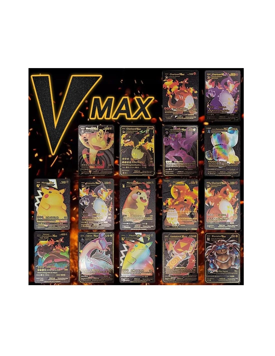 Magy Pokemon kortos 165 vnt. kolekcija Charizard Vmax juodos auksinės ir sidabrinė spalvos pakuotės po 55 vnt. albumas 240 kortoms