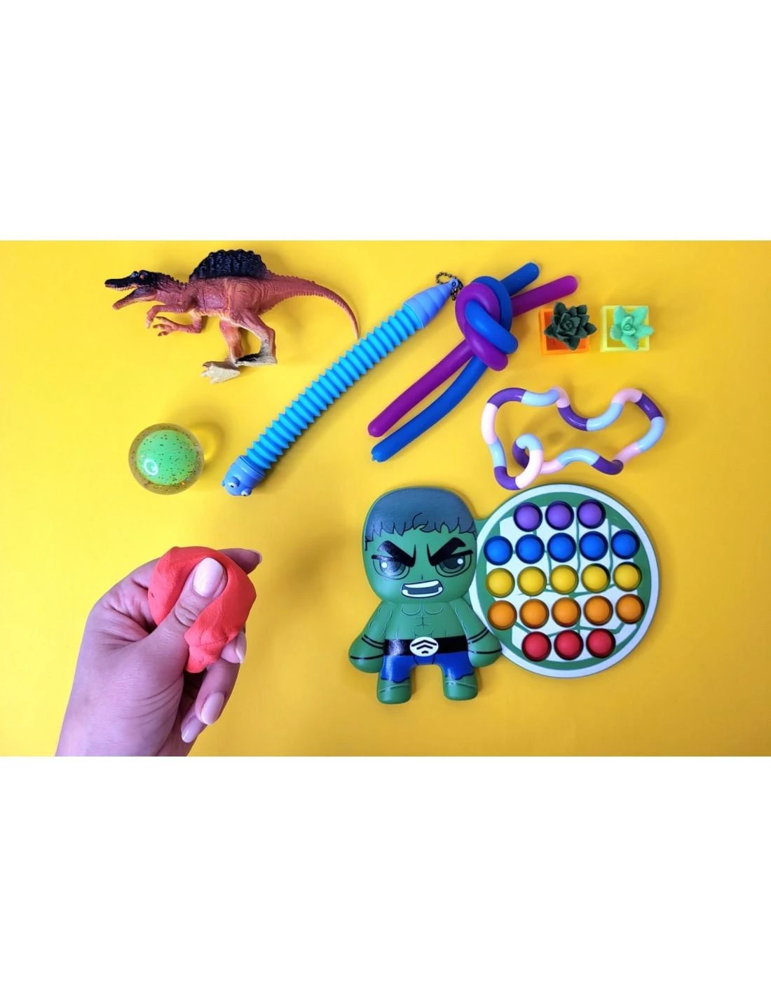 Magy Žaislų rinkinys 3-7 m. vaikams, 10 vnt. Hulk pop it, fidget juostelės, gyvatėlė, dinozauras, modelinas