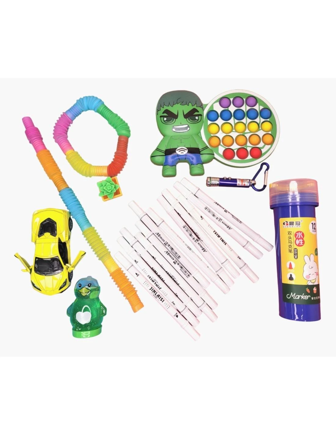 Magy Žaislų rinkinys 3-7m. vaikams, 7 vnt, Hulk pop it, nuplaunami flomasteriai, slaimas