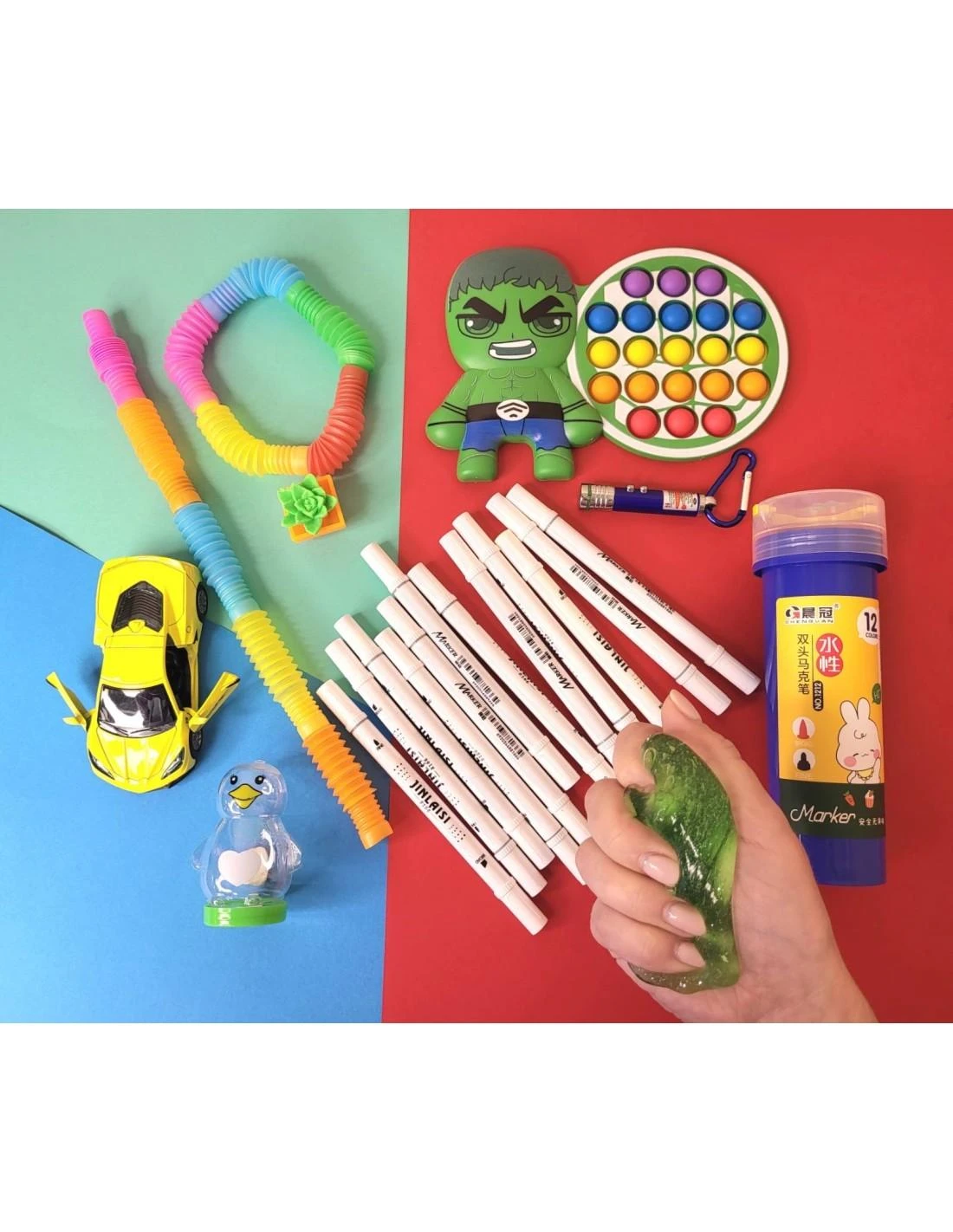 Magy Žaislų rinkinys 3-7m. vaikams, 7 vnt, Hulk pop it, nuplaunami flomasteriai, slaimas