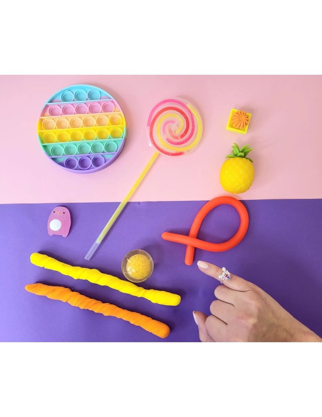 Magy Žaislų rinkinys nykštukams 10 vnt., žiedelis, šviečiantis lollipop, tampomi minkomi fidget žaislai