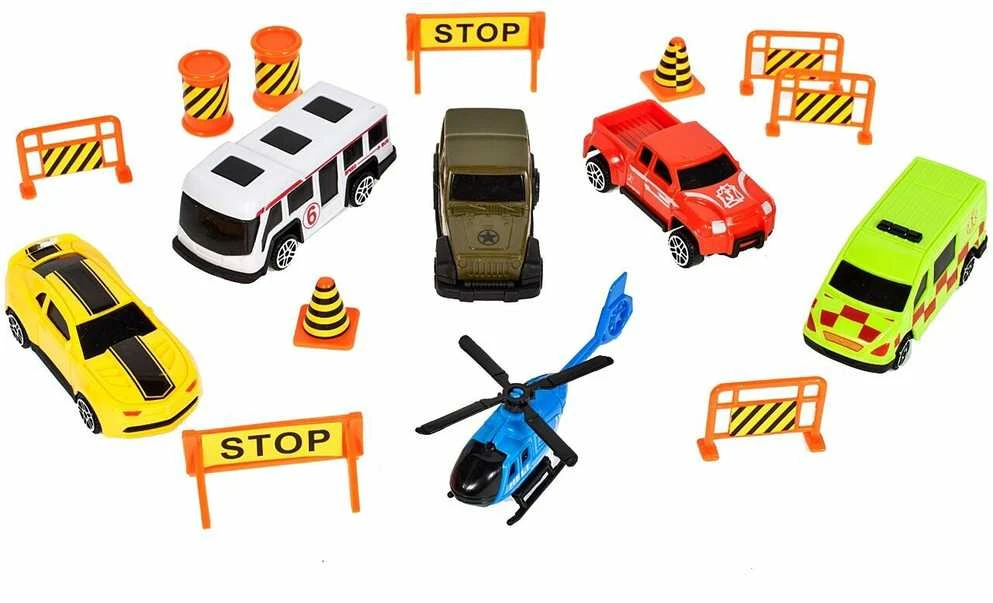 Malplay Didelis žaislinis sunkvežimis su 5 automobiliais ir malūnsparniu