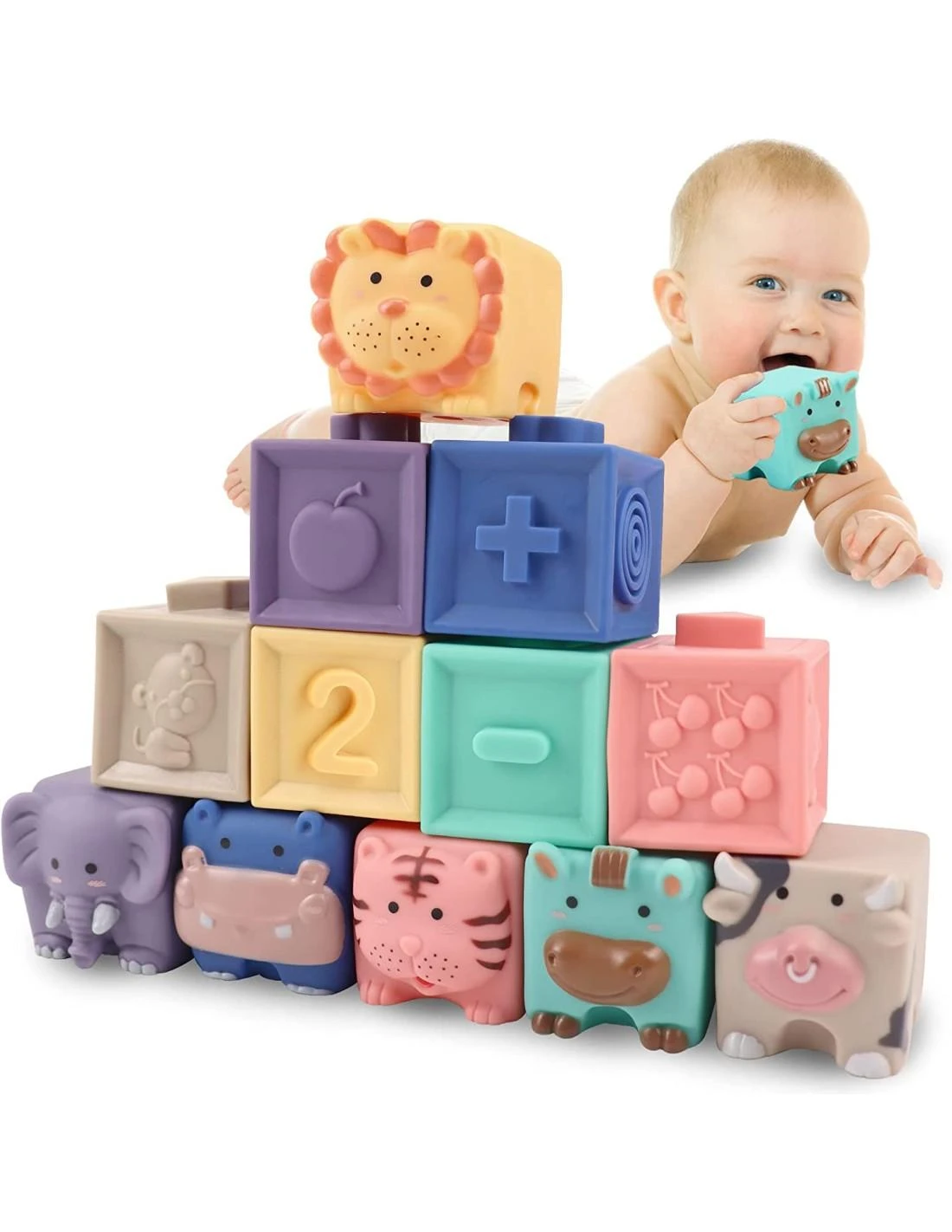 Malplay Kūdikių kaladėlės 12 vnt., jungiasi tarpusavyje, Montessori žaislai, tinka žaisti vonioje
