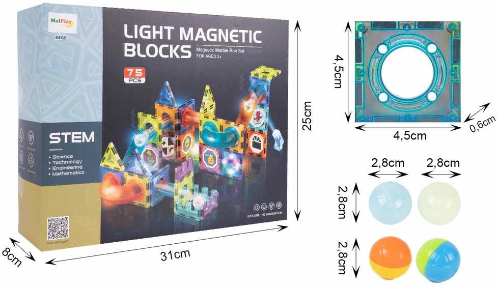 Malplay Magnetinis konstruktorius su kamuoliukais 75 detalės šviečiantis